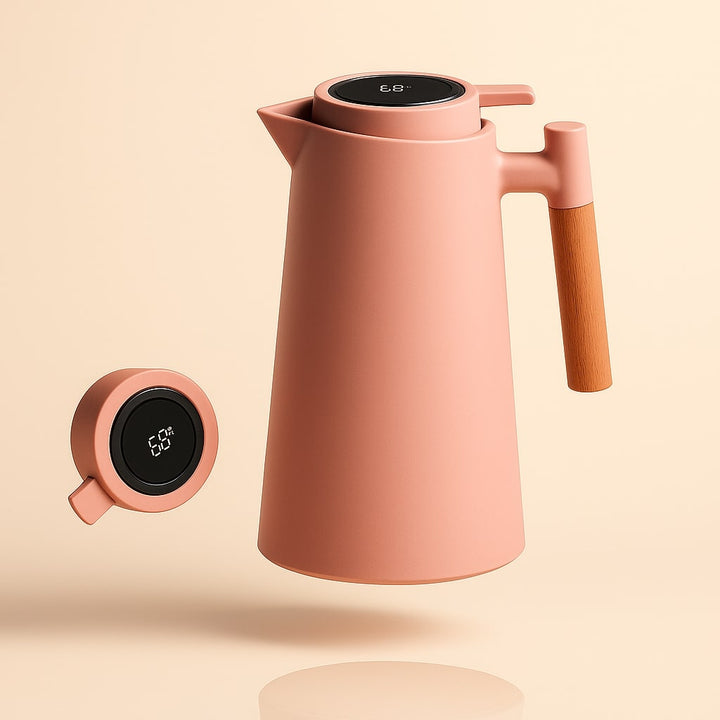 Stainless steel 1-quart insulated carafe with wood handle & smart temperature display. Perfect coffee pourer.