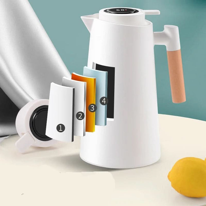 1-Quart thermal carafe with elegant wood handle & smart temperature display. Ideal for coffee & tea.