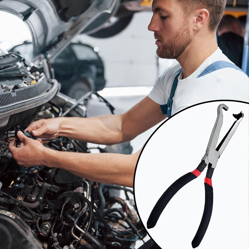 Mechanic using fuel line disconnect pliers to remove a challenging automotive oil pipe.