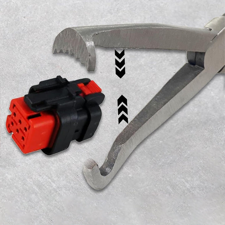 High-leverage fuel line pliers for efficient and damage-free automotive fuel line separation.