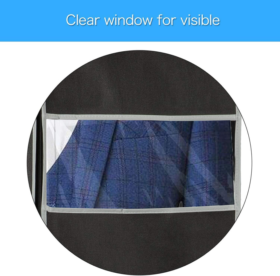 Close-up of a breathable non-woven garment bag, protecting apparel from dust & wrinkles in storage.