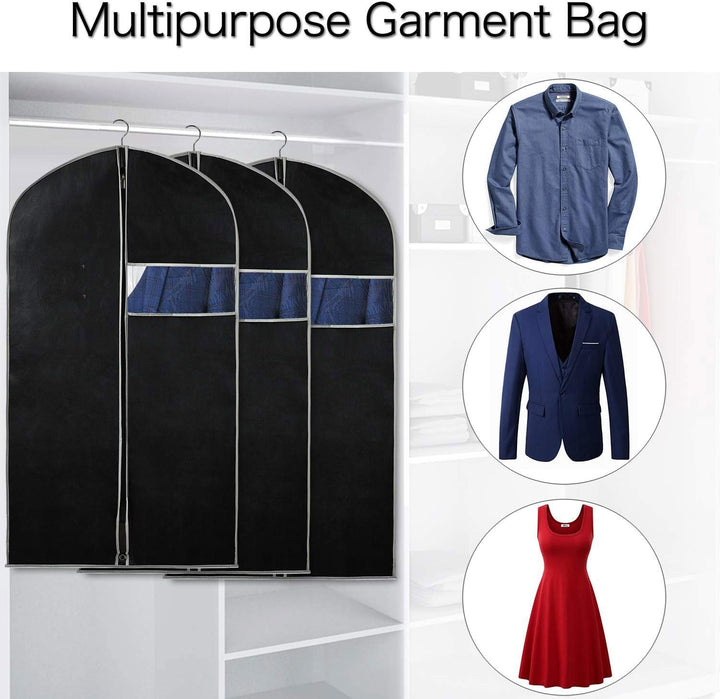 Unisex garment bags organizing a closet, protecting suits & dresses. Breathable clothing covers.
