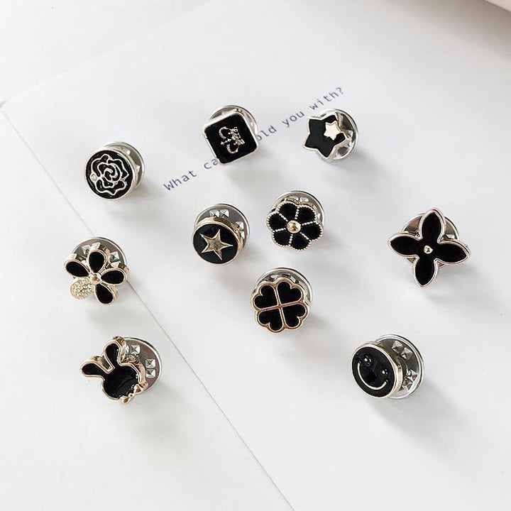 Pack of 10 women's brooches, hidden button style, fashion accessory with flower details in steel
