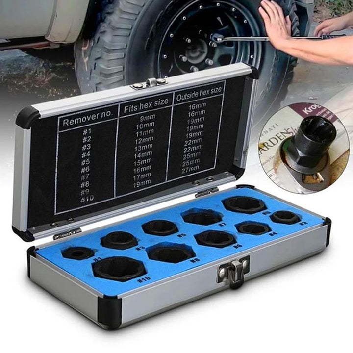 10-piece universal damaged nut and bolt extractor set for easy fastener removal