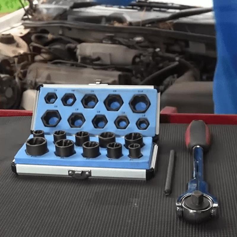 Detailed view of a damaged nut extractor from a universal mechanic tool kit