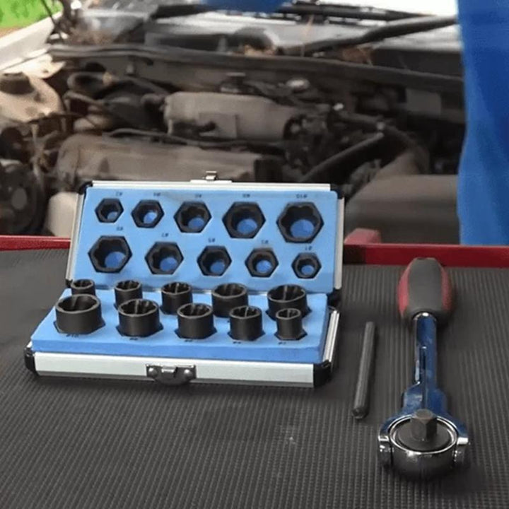 Detailed view of a damaged nut extractor from a universal mechanic tool kit