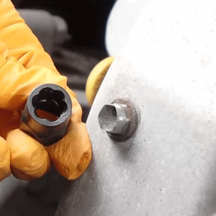 Close-up of a damaged bolt extractor, essential for car repair and hand tools