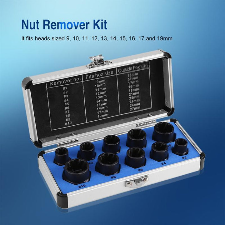 Different sizes of damaged fastener extractors in a professional hand tools set