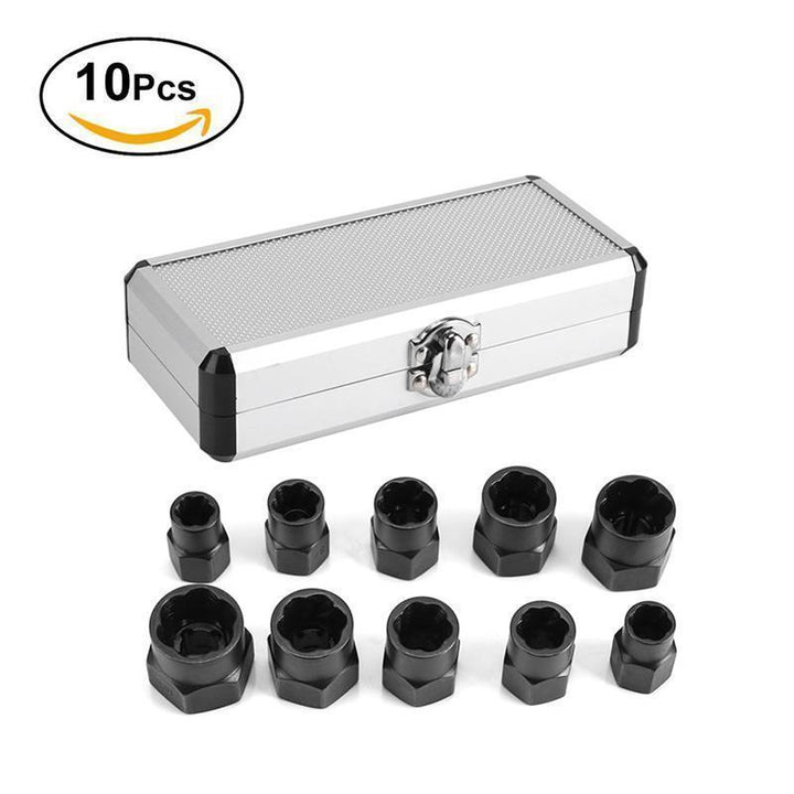 Complete universal damaged fastener removal set, including various socket sizes