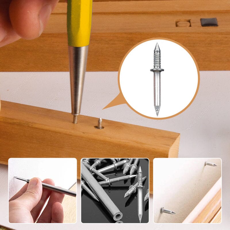 Hand holding a seamless double-head skirting nail, ready for home improvement