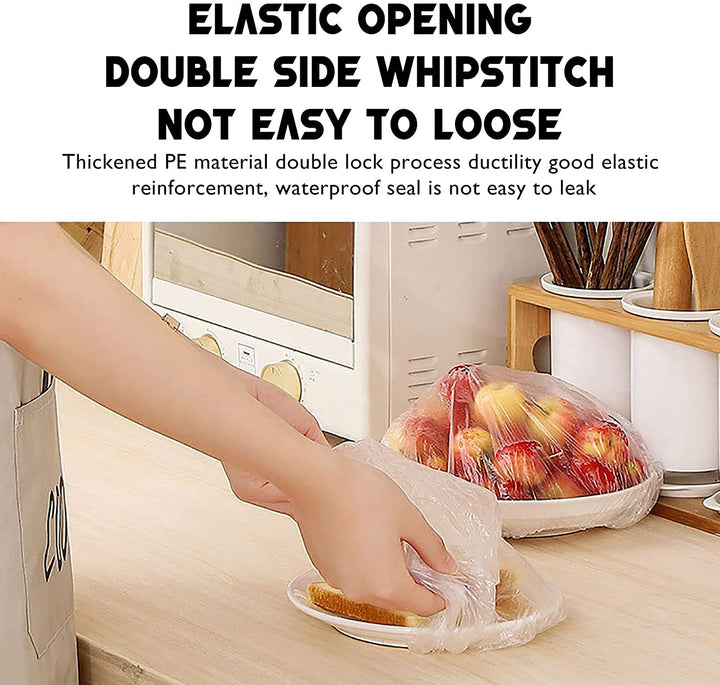 Disposable clear plastic food covers, 100-pack, ideal for kitchen fresh keeping, picnicking, or camping food storage.