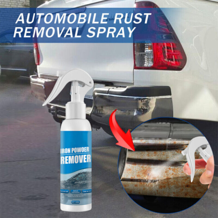 Universal Rust Remover Spray next to various rusty tools, demonstrating its versatility