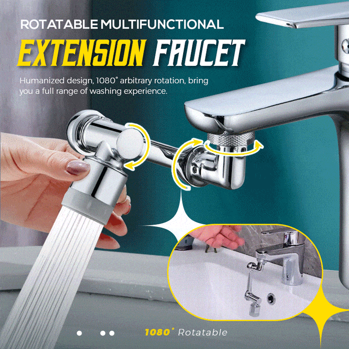 1080 degree rotating faucet extender on a kitchen sink for better reach and splash reduction