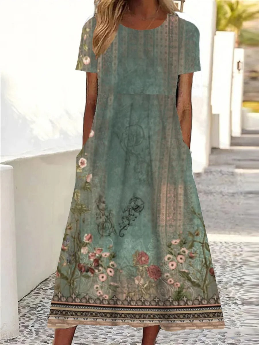 Women's Elegant Botanical Midi Dress - Crew Neck Half Sleeve