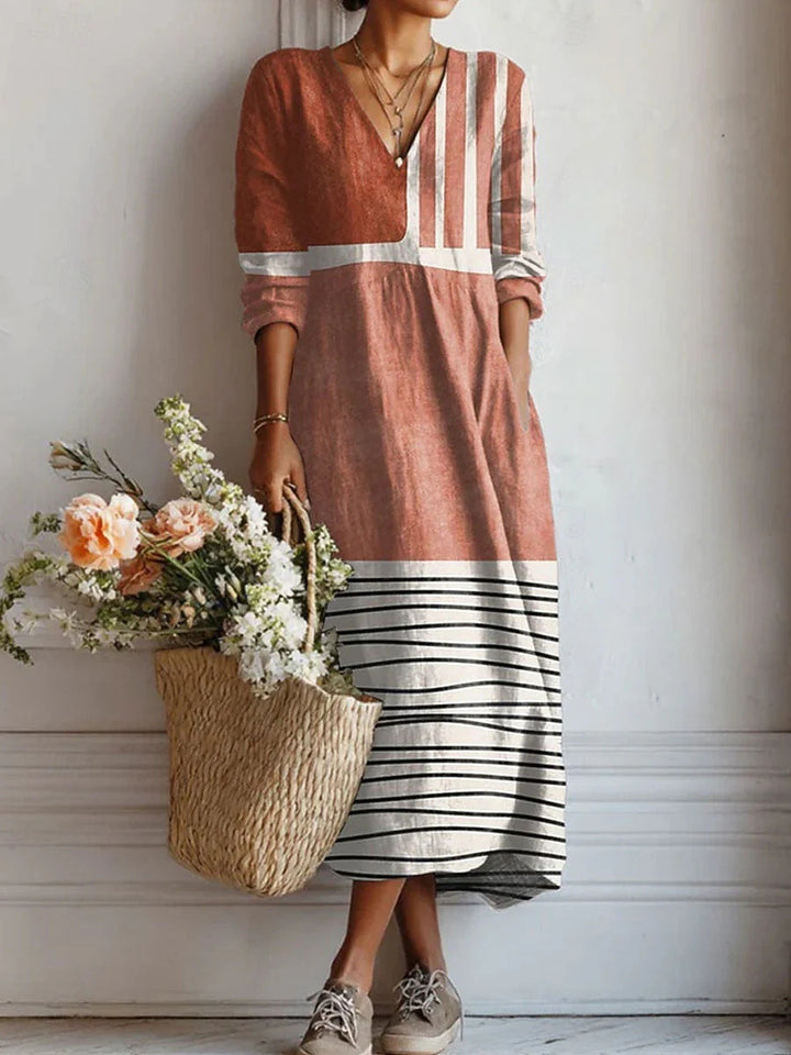 Women's Boho Floral V-Neck Pocket Midi Dress - Effortless Style