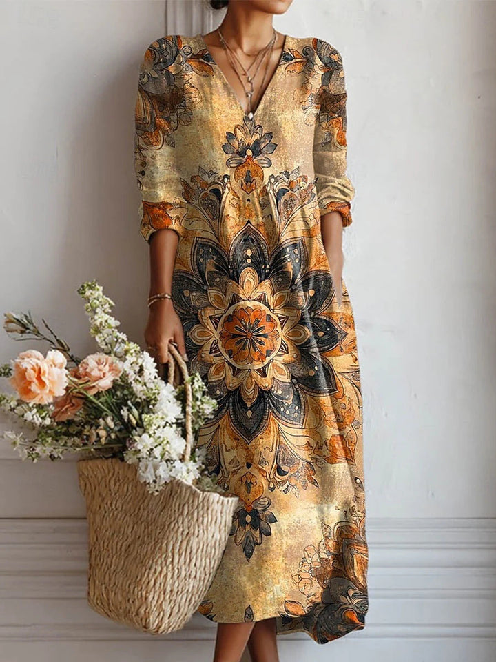 Women's Boho Floral V-Neck Pocket Midi Dress - Effortless Style