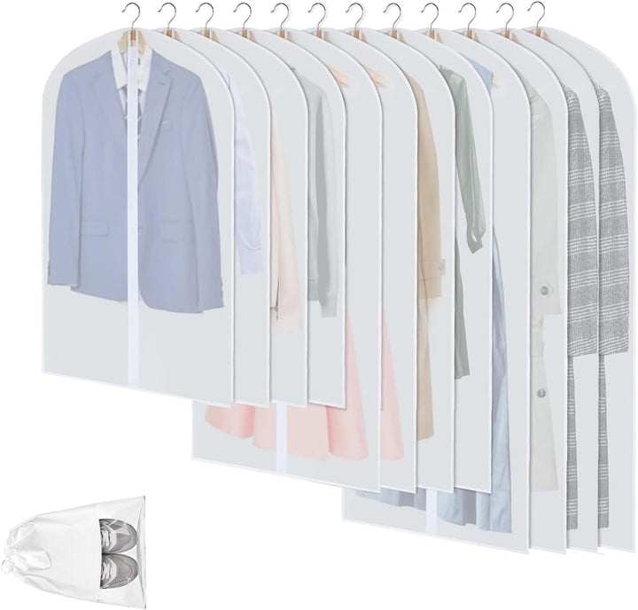 12-pack clear PEVA garment bags for dustproof clothes storage & wardrobe organization.