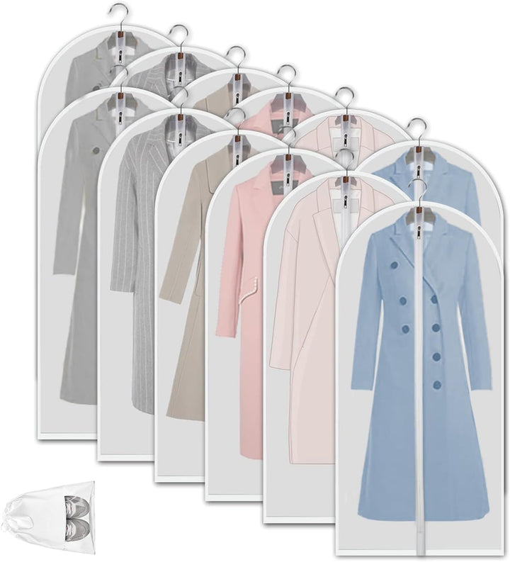 Wardrobe refresh: 12 clear PEVA garment bags for dustproof & clean clothes storage.