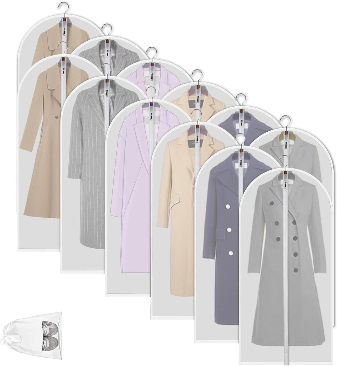 Dustproof clear PEVA garment bags, 12-pack clothes protectors for moisture-proof storage.
