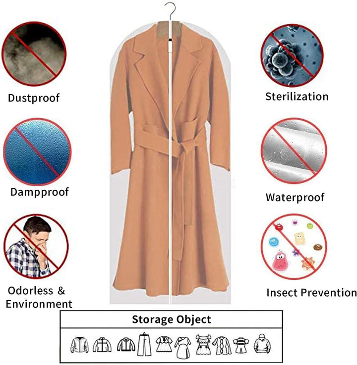 Protect garments with 12-pack clear PEVA dustproof suit bags for wardrobe organization.