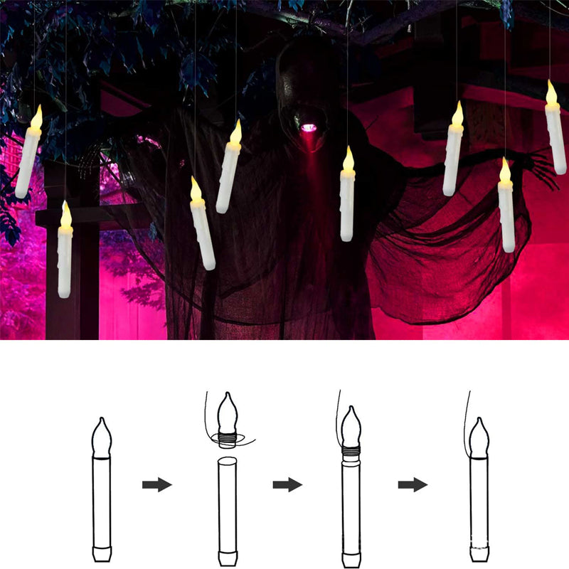 Remote wand controlling floating LED taper candles, showcasing ease of use for home decor