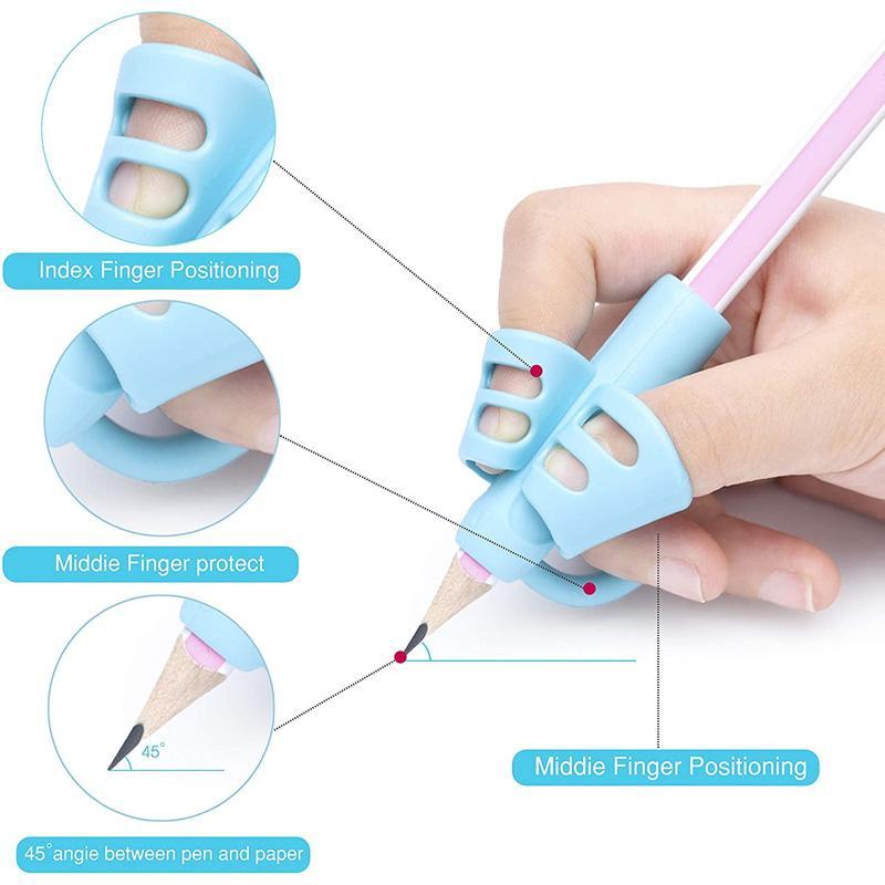 Kids learning to write with ergonomic pencil grips, improving grip and reducing hand fatigue