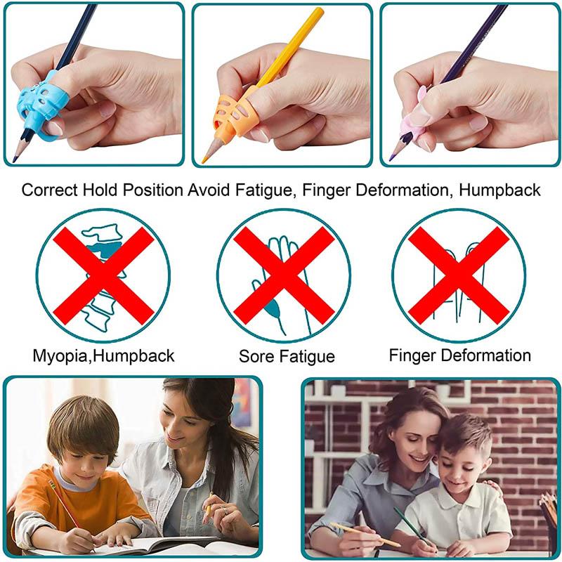 Ergonomic pencil grips in various colors, designed for children & adults to correct writing posture