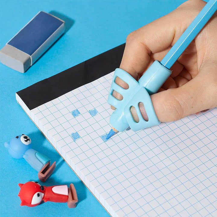 Packaging of 16 ergonomic pencil grips, highlighting their use as a learning tool for kids