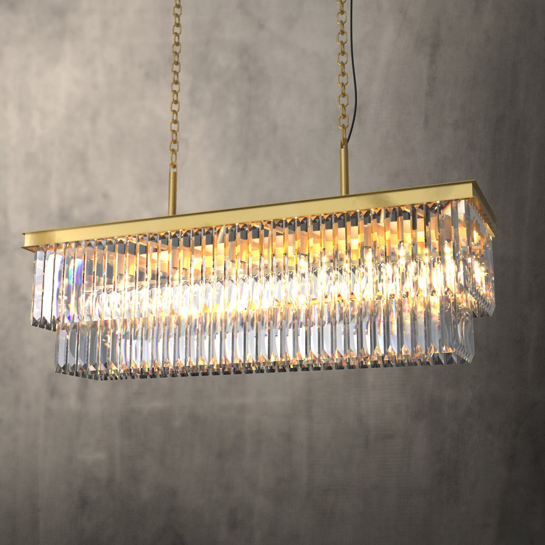 "16-light 2-tier K9 crystal chandelier with modern iron frame, optical crystals, sleek design, ideal for dining room elegance