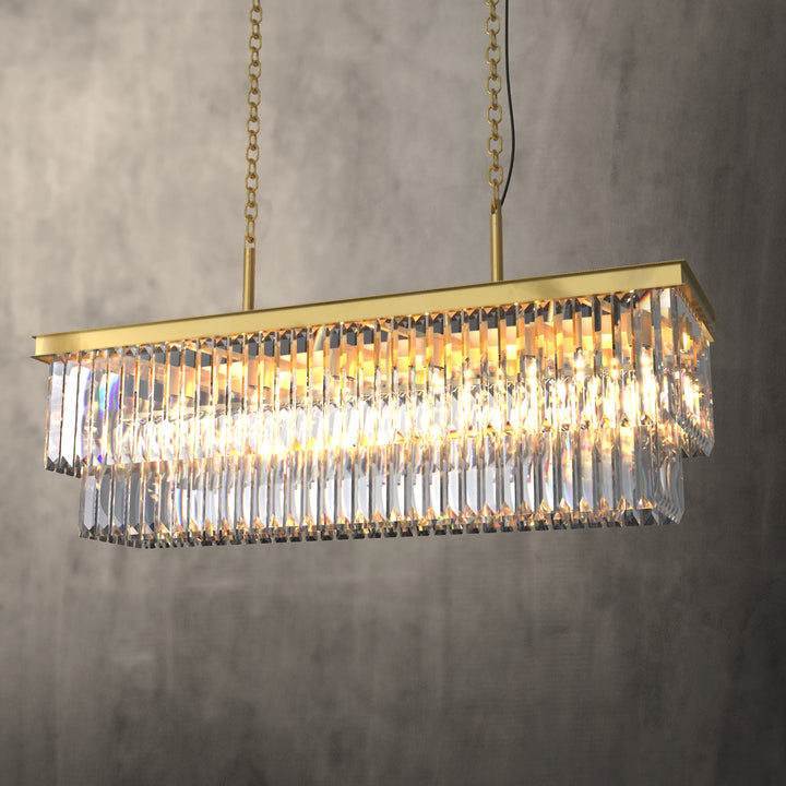 "16-light 2-tier K9 crystal chandelier with modern iron frame, optical crystals, sleek design, ideal for dining room elegance