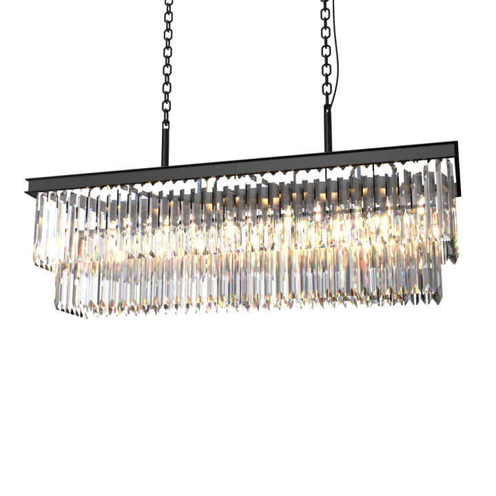 "16-light 2-tier K9 crystal chandelier with modern iron frame, optical crystals, sleek design, ideal for dining room elegance