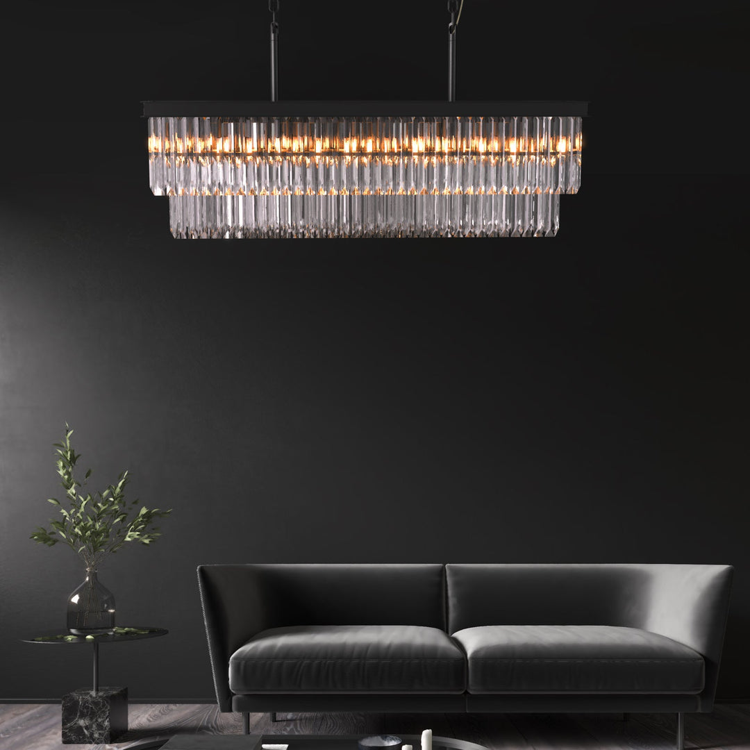 "16-light 2-tier K9 crystal chandelier with modern iron frame, optical crystals, sleek design, ideal for dining room elegance
