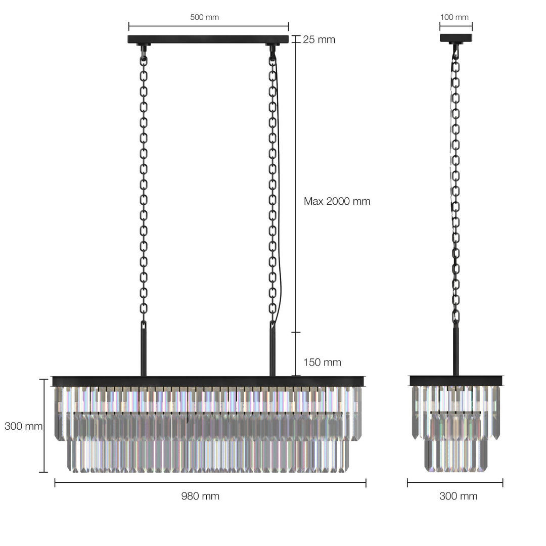 "16-light 2-tier K9 crystal chandelier with modern iron frame, optical crystals, sleek design, ideal for dining room elegance
