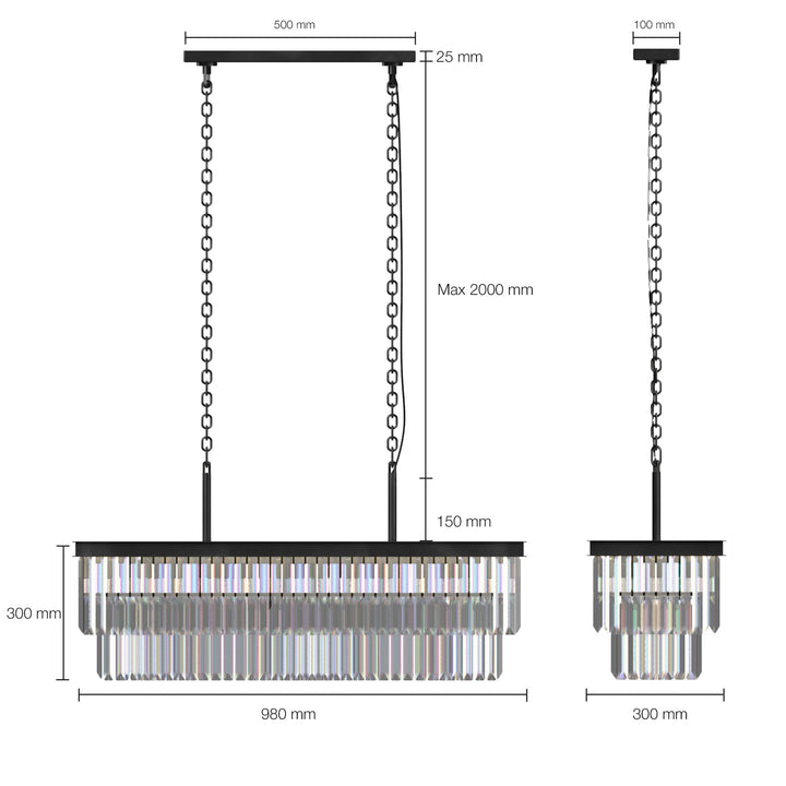 "16-light 2-tier K9 crystal chandelier with modern iron frame, optical crystals, sleek design, ideal for dining room elegance