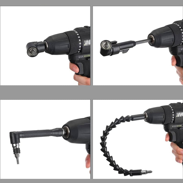 Home improvement drill kit featuring flexible extension and angle attachment for versatile use