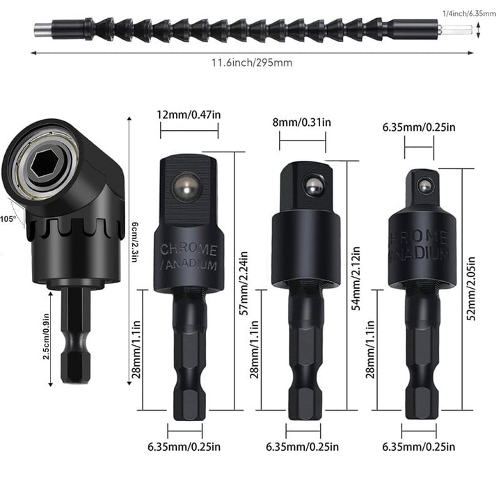 Mechanics tools: 17-pc flexible right angle drill attachment set for automotive repairs