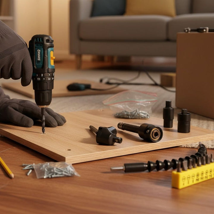 Screwdriver bit set within a 17-piece drill kit, including flexible extension for precision work