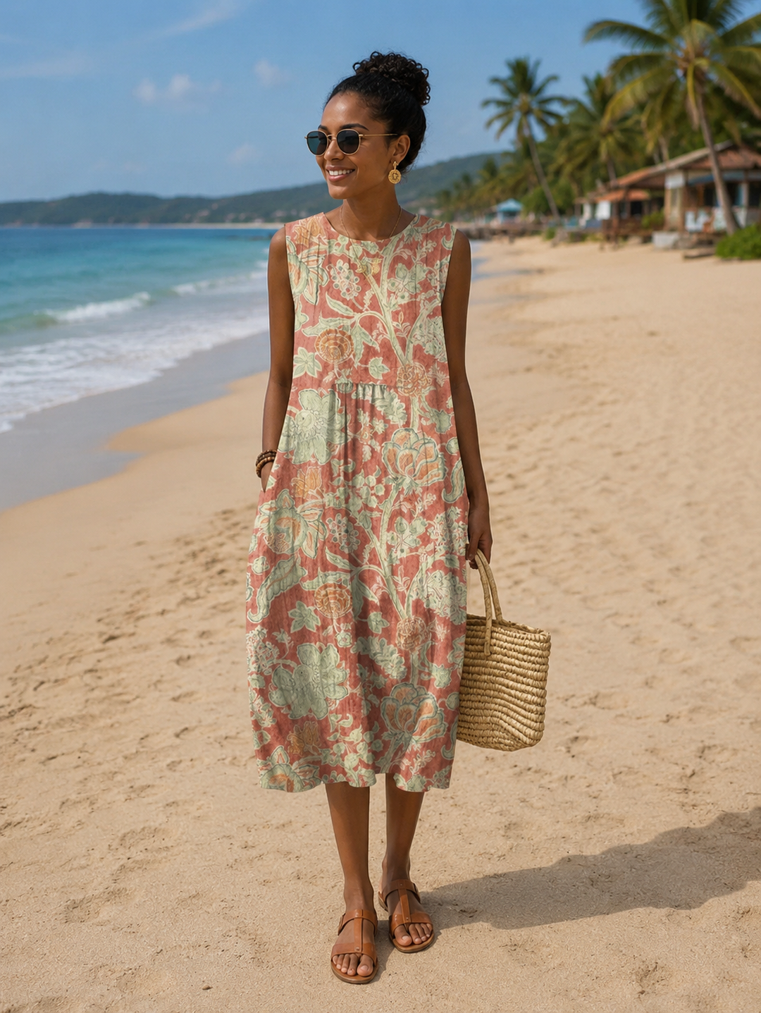 Women's Vintage Floral Midi Dress with Pockets - Boho Chic Style