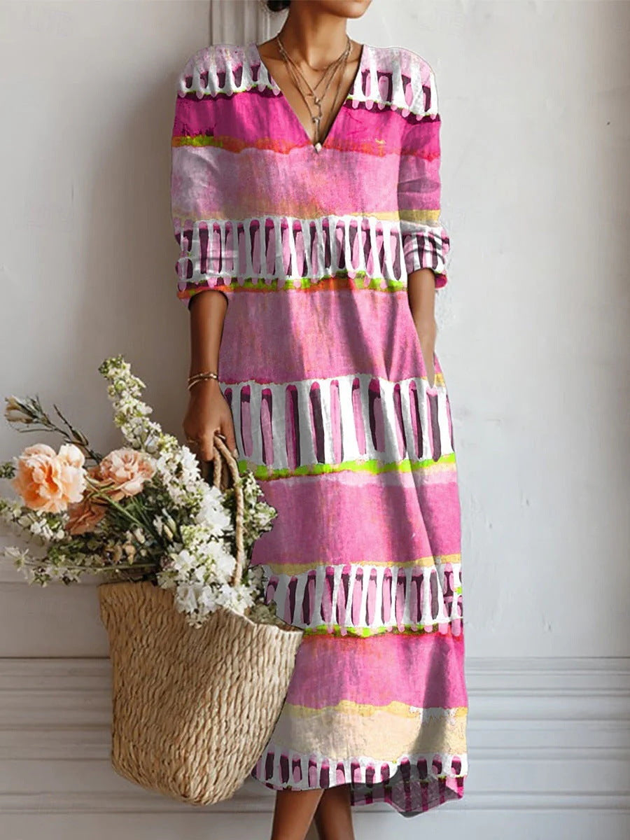 Women's Boho Floral V-Neck Pocket Midi Dress - Effortless Style