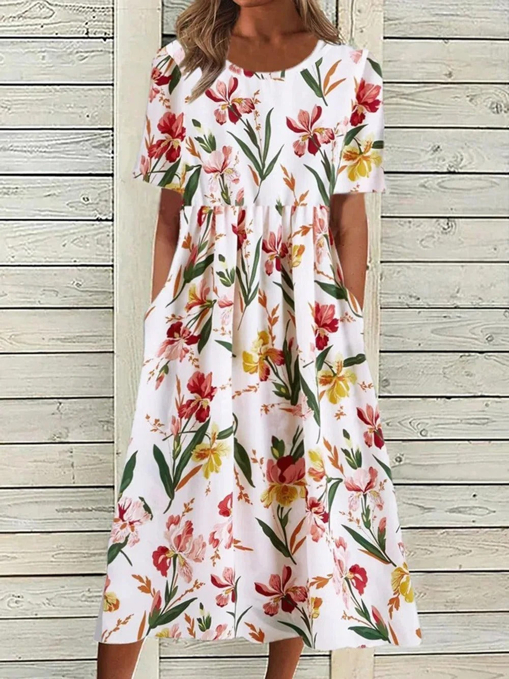 Women's Elegant Botanical Midi Dress - Crew Neck Half Sleeve