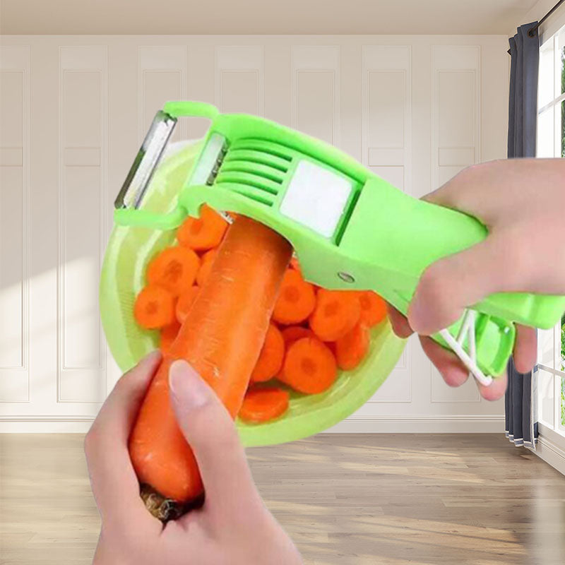 Manual vegetable cutter and peeler kitchen gadget, space-saving design