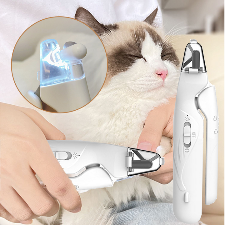 Close-up of pet nail grinder showing the LED light & diamond bit for precise trimming