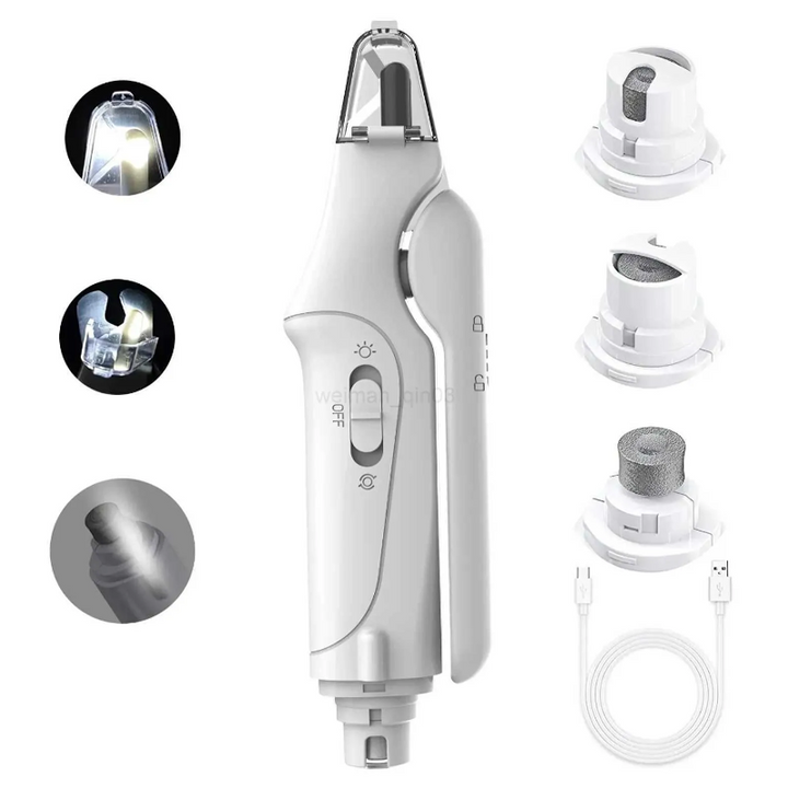 Package art for 2-in-1 pet nail grinder & trimmer, highlighting features & benefits