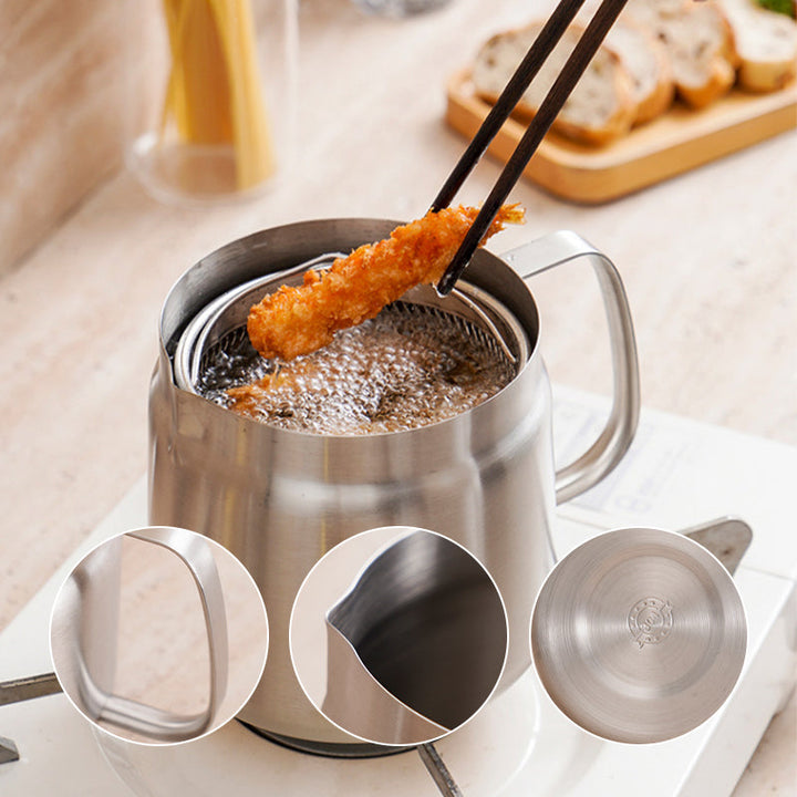 Shiny stainless steel oil strainer pot with lid, perfect for any modern kitchen
