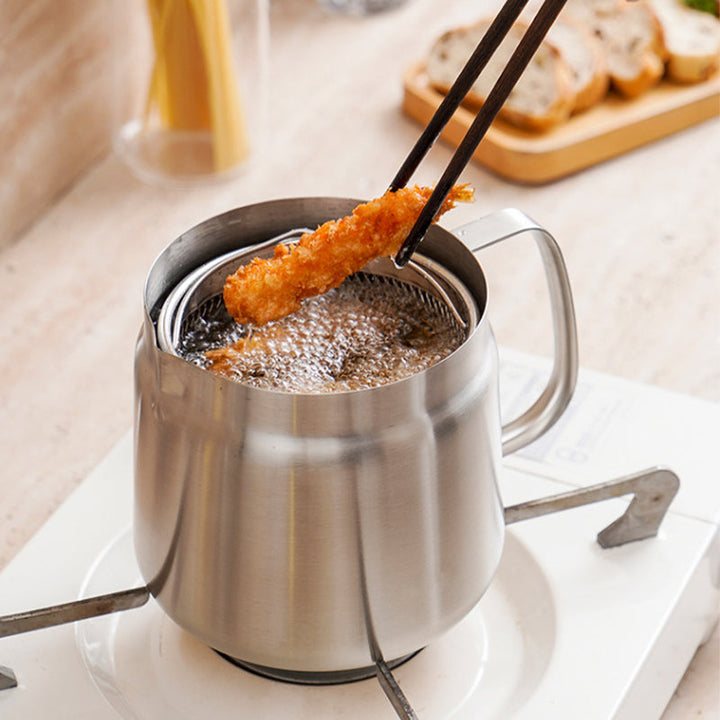 Elegant stainless steel oil strainer pot for efficient cooking oil filtration and storage