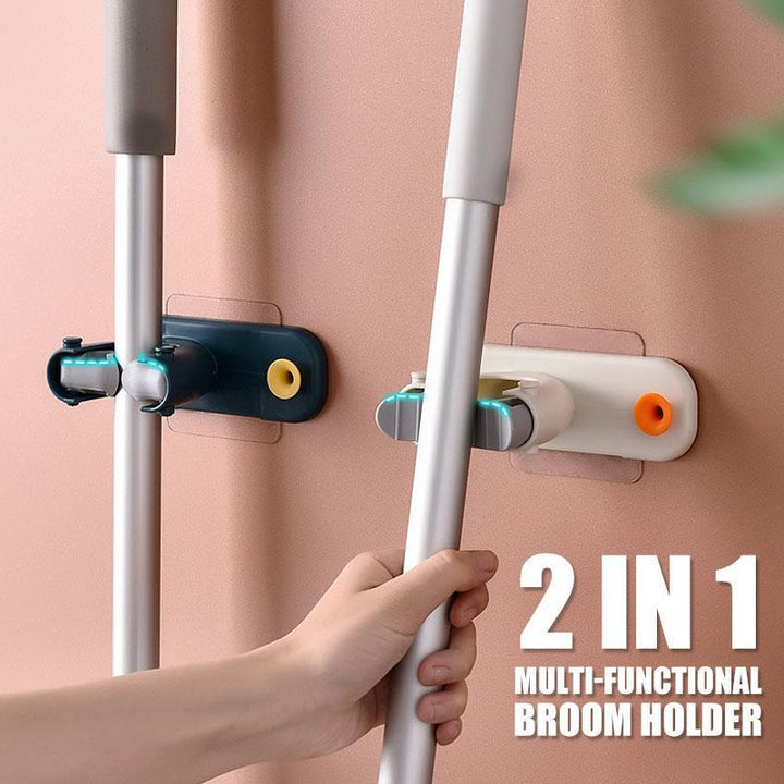 2-in-1 wall-mounted broom and mop holder with hook, ideal for kitchen or bathroom organization