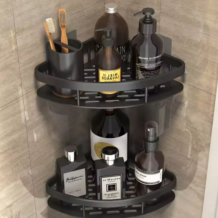 2-Tier rustproof shower organizer shelf in sleek black, ideal wall mount bathroom caddy for shampoo & bath accessories.