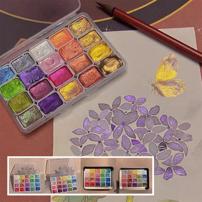 20-color metallic watercolor painting set in a sleek black tin, perfect for artists and creative art projects.