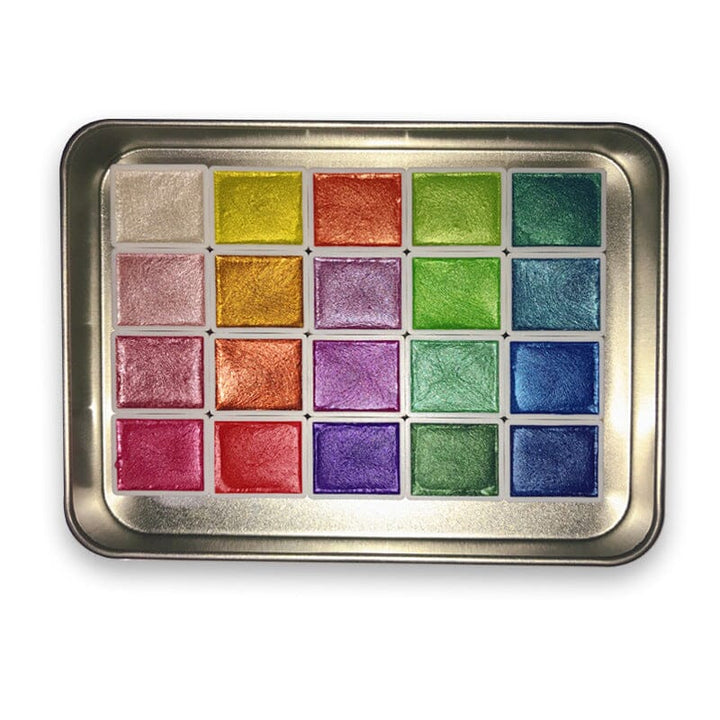 High-angle view of the open 20-color metallic watercolor set, showcasing the rich shimmer paints.