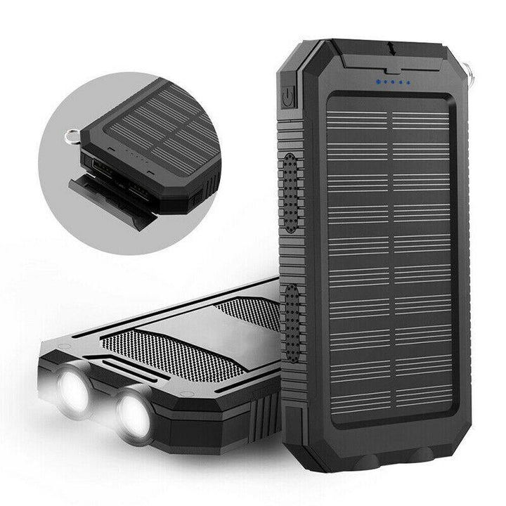 20000mAh waterproof solar power bank with dual USB, ideal for outdoor camping & hiking. Portable phone charger.